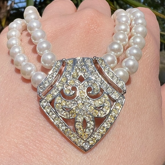 Napier Jewelry Vintage Napier Silver Faux Pearl Double Stranded Necklace Rhinestones Poshmark
